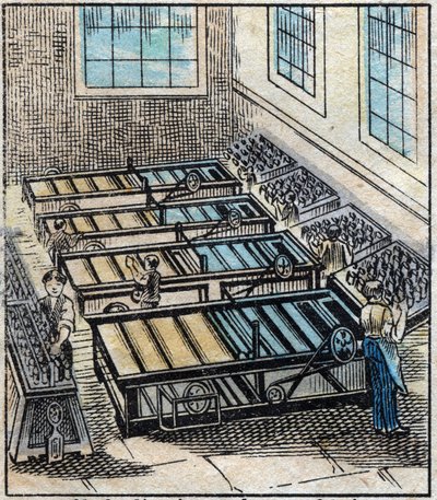 Textil, lino: taller. El lino consiste en varios hilos simples que luego se tiñen o blanquean, se hielan y se cubren con cera de abejas para hacerlo resistente y suave. Grabado. Imagen de Épinal de finales del siglo XIX. de French School