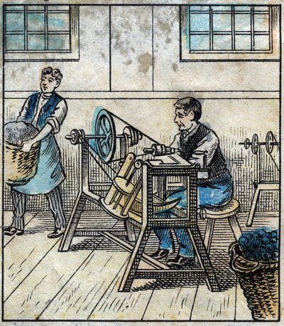 Textil, lino: taller. El hilo de coser se coloca en tarjetas o rollos en una bola. Grabado. Imagen de Épinal de finales del siglo XIX. de French School