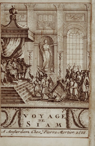 Embajadores tailandeses recibidos en París por Luis XIV, frontispicio de Journey to Siam por Guy Tachard, 1688 de French School