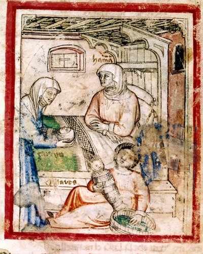 Tamar da a luz a dos gemelos, Perets y Zerah, hijos de Judá, Miniatura del códice 212 (o códice padovano o Biblia de Padua) 1390-1400 de French School