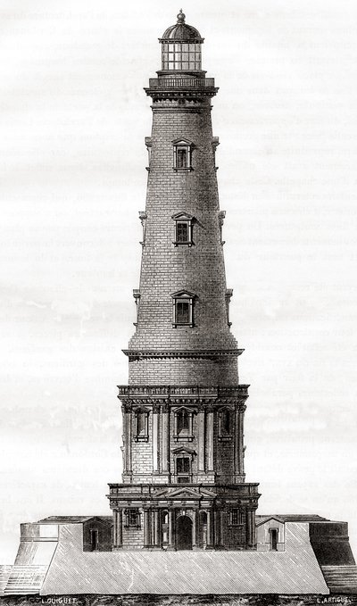El faro de Cordouan del siglo XVII, cerca de la desembocadura del estuario de Gironda en Francia, visto aquí después de su extensión en el siglo XVIII, de Las Maravillas de la Ciencia, publicado c.1870 (grabado) de French School