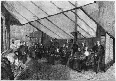 El Salón de 1872: una sesión del jurado de pinturas. De derecha a izquierda están Meissonnier, Ph. Rousseau, Breton, G. Boulanger, Robert Fleury, Fromentin, Jalabert, Mazerolles, Brion, Bonnat, Baudry, Dubuffe, Delauney, Cabat. Grabado en "Le Monde Illustr de French School