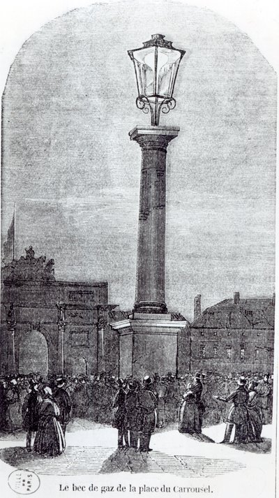 La primera lámpara de gas en París en Place du Carrousel en 1818 de French School