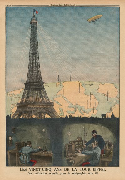 El 25º Aniversario de la Torre Eiffel utilizada ahora para la telegrafía inalámbrica, ilustración de la contraportada de 