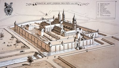 La abadía de Saint-Germain-des-Prés hacia 1520 (grabado en color) de French School