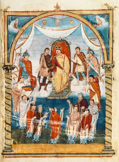 El abad Vivian rodeado de monjes de San Martín de Tours presentando el libro a Carlos II el Calvo, siglo IX (miniatura) de French School
