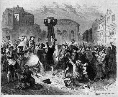 El escritor inglés Daniel Defoe (1660-1731) fue expuesto en la picota en 1703 por escribir contra la intolerancia de la iglesia anglicana. Grabado de 1870. de French School