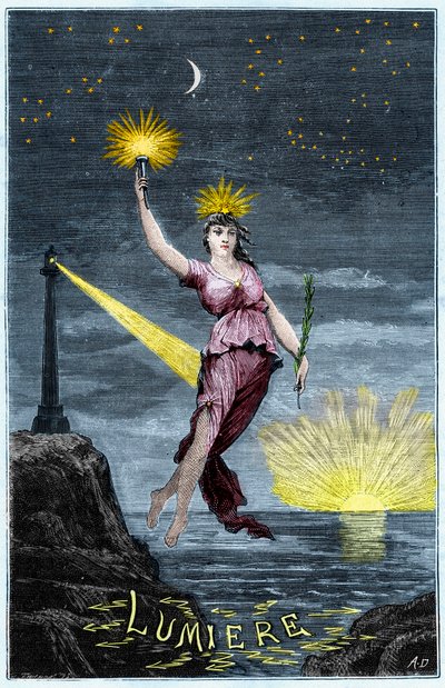 La Alegoría de la Luz - Allegorie de la Lumiere - Grabado en "Ciencias puestas a disposición de todos - física y química" por Alexis Clerc - Finales del siglo XIX - Colección privada de French School