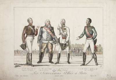 Los soberanos aliados en París, 1815, Alejandro I, emperador de Rusia, Luis XVIII, rey de Francia, Francisco I, emperador de Austria y Federico Guillermo III, rey de Prusia, publicado por Martinet, 1815 de French School