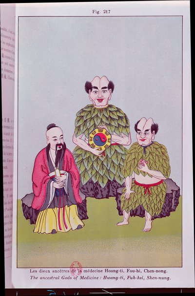 Los Dioses Ancestrales de la Medicina: Hwang-ti, Fuh-hsi sosteniendo el Tai-ki, Shen-nung probando una planta medicinal, ilustración según imágenes populares chinas de French School