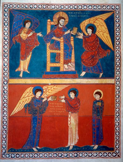 El Ángel recibió el libro del Señor y se lo entregó a San Juan Miniatura de los comentarios del "Apocalipsis según San Juan" escrito en 775 por el monje Beato de Liébana de French School