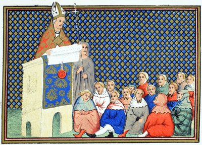 El Arzobispo de Canterbury predicando a la nobleza inglesa contra Ricardo II, copia facsímil de Le Prinse et Mort du Roy Richart por Jean Creton, reimpreso en el siglo XIX de French School