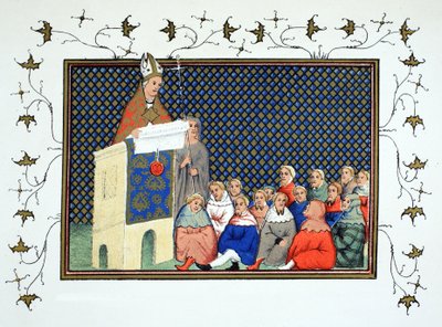 El Arzobispo de Canterbury predicando a la nobleza inglesa contra Ricardo II, copia facsímil de Le Prinse et Mort du Roy Richart por Jean Creton, reimpreso en el siglo XIX de French School