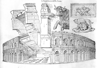 El Anfiteatro de Nimes, ilustración de Discours historial de lantique et illustre cite de Nismes de Jean Poldo d