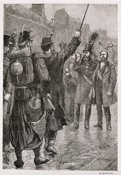 El arresto de Victor Schoelcher (1804-93) en la barricada de Saint-Antoine, 4 de diciembre de 1851 de French School