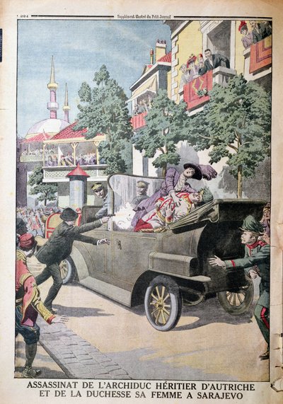 El asesinato del Archiduque Francisco Fernando de Austria (1863-1914) y su esposa, la Duquesa Sofía, por Gavrilo Princip (1895-1918) en Sarajevo, 28 de junio de 1914, de Le Petit Journal, 12 de julio de 1914 de French School