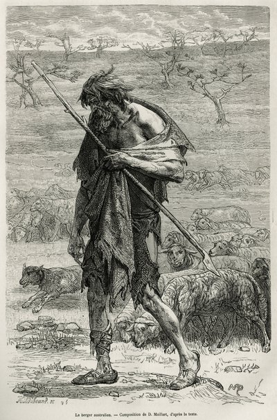 El pastor australiano, grabado después de un dibujo de D. Maillart, para ilustrar la historia seis meses en Australia, por Desire Charnay, una misión asignada por el Ministerio de Educación Pública, en 1878, publicado en la tour du monde, bajo la dirección de French School