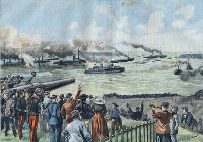 El escuadrón báltico sale del puerto de Brest. El "Montcalm", con el presidente de la república francesa Emile Loubet de French School
