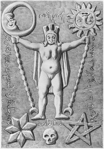 El Baphomet de los Templarios, copia de un cofre de piedra encontrado en Essarois (Borgoña) de French School