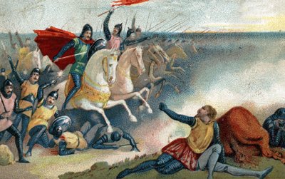 La Batalla de Hastings el 14/10/1066 entre los sajones de Harold II y el ejército normando (Guillermo I el Conquistador). Cromolitografía de finales del siglo XIX de French School