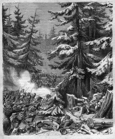 La Batalla de Hohenlinden (cerca de Múnich, Alemania) el 12 de Frimaire, IX (3 de diciembre de 1800) entre las tropas francesas del General Jean Victor (Jean-Victor) Moreau y las fuerzas austriacas y bávaras comandadas por el Archiduque Jean-Baptiste (Jean de French School