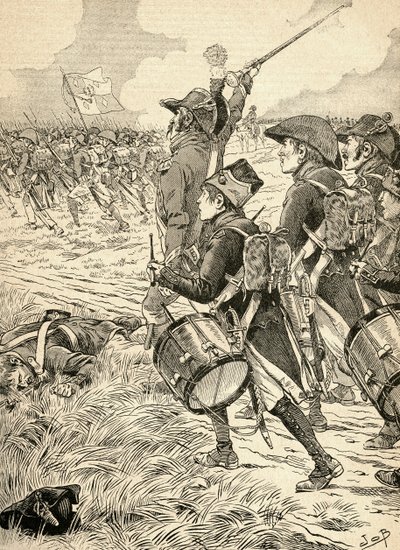 La batalla de Marengo, Italia, en 1800, librada entre las fuerzas francesas de Napoleón Bonaparte y los austriacos. De la Agenda Buvard du Bon Marche publicada en 1917. de French School