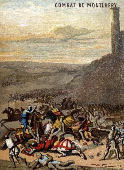 La Batalla de Montlhery (1227): Los reinos y la feudalidad - Blanca de Castilla, regente de su hijo Luis IX, aplasta la revuelta de los grandes feudales. Cromolitografía de la Serie “Patriotic Education through Image”. de French School