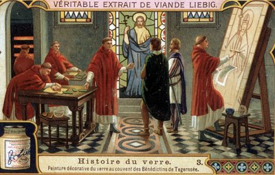 Los monjes benedictinos del Convento de Tegernsee en Baviera (Alemania) decoran el vidrio. Cromolitografía Liebig del siglo XIX. de French School