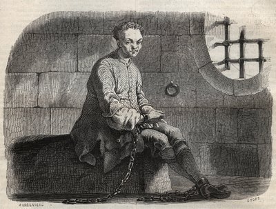 El bandido Louis Dominique Garthausen dit Cartridge (1693-1721) en prisión - Grabado en “Causas célebres de todos los pueblos” de Armand Fouquier (1817-18?) 1858-1867 - colección privada de French School