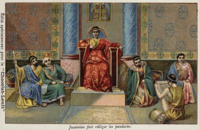 El emperador bizantino Justiniano I dictando los Pandectas, siglo VI de French School