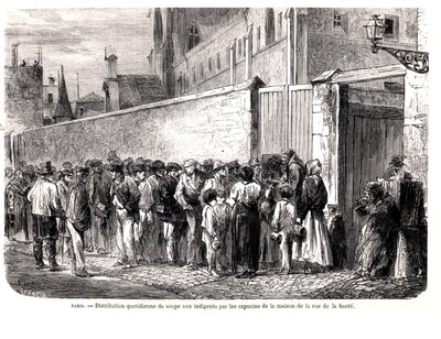 Los capuchinos de la rue de la Santé distribuyendo la sopa diaria a los pobres, de Le Monde Illustré, 1860 de French School