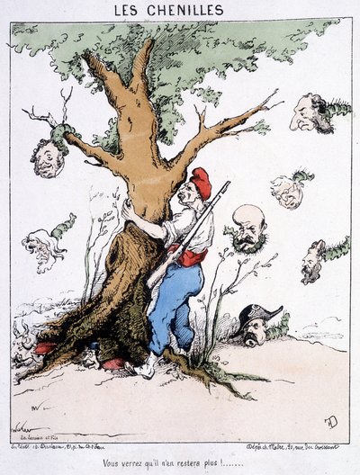 Las Orugas: “Verás que no habrá más” (un hombre con un gorro frigio sacude un árbol del que caen orugas de cabeza grande: Thiers, etc.). Caricatura sobre la comuna de French School