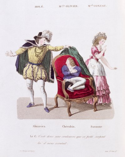 El Conde descubre a Cherubin, Acto I Escena 9 de Las Bodas de Fígaro de Pierre Augustin Caron de Beaumarchais de French School
