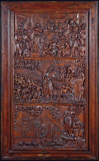 El Credo, Panel IV: La Remisión de los Pecados, Visión de los Huesos Secos de Ezequiel y Visión de Jerusalén de San Juan, 1587 (madera) de French School