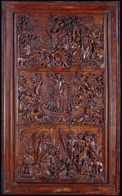 El Credo, Panel I: La Creación del Mundo, Transfiguración, Anunciación y Natividad, 1587 (madera) de French School