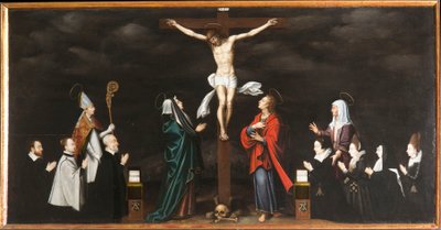 La Crucifixión, retratos de donantes. Tríptico de Aubery de French School