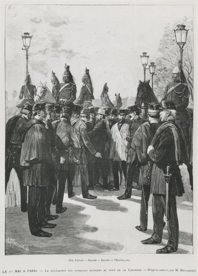 La delegación de los sindicatos en el Puente de la Concordia durante la manifestación del 1 de mayo en París, 1 de mayo de 1890, grabado por L. Moulignie de French School