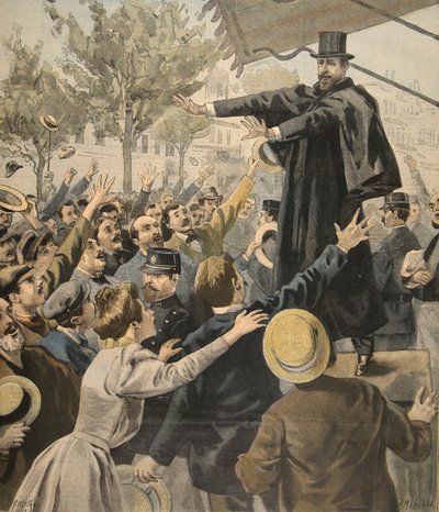La reunión de Deroulede: a la salida, ilustración de Le Petit Journal: Supplement illustre, 9 de octubre de 1898 de French School
