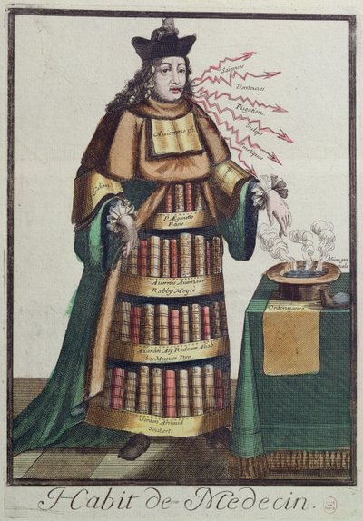 El Doctor, un diseño de vestuario alegórico, basado en una imagen grabada por uno de la familia Larmessin, c.1640-84 de French School