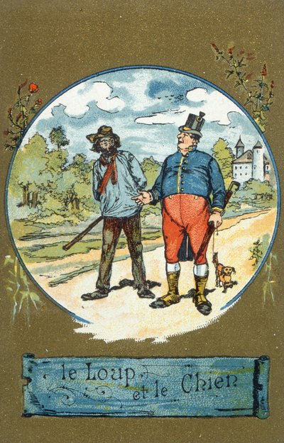El perro y el lobo, de Fábulas de Jean de La Fontaine (1621-95) de French School
