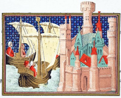 El Duque de Salisbury llegando al Castillo de Conway desde Irlanda, copia facsímil de Le Prinse et Mort du Roy Richart por Jean Creton, reimpreso en el siglo XIX de French School