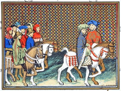 Los Duques de Exeter y Surrey enviados por Ricardo II desde el Castillo de Conway a Chester para tratar con el Duque de Lancaster, copia facsímil de Le Prinse et Mort du Roy Richart por Jean Creton, reimpreso en el siglo XIX de French School