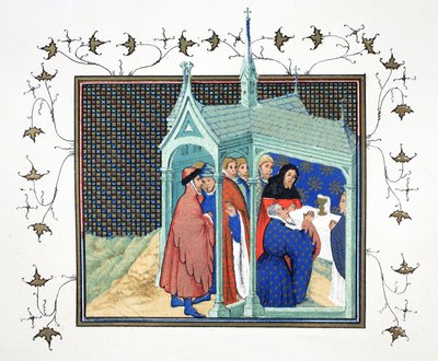 El Conde de Northumberland en la Misa Mayor en la Capilla del Castillo de Conway tomando su juramento traicionero y fatal, copia facsímil de Le Prinse et Mort du Roy Richart por Jean Creton, reimpreso en el siglo XIX de French School