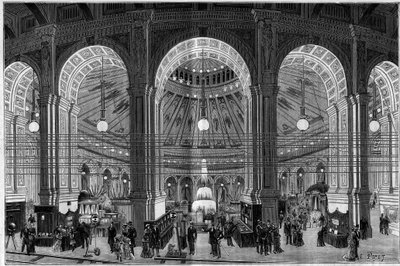 La Exposición de Electricidad en Viena (Austria), una vista general de la gran rotonda iluminada por luz eléctrica. Grabado en “La Nature. Revue des sciences et de ses applications aux arts et à l