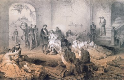El Emperador Napoleón III visitando a los soldados heridos después de la Batalla de Solferino, 24 de junio de 1859 de French School