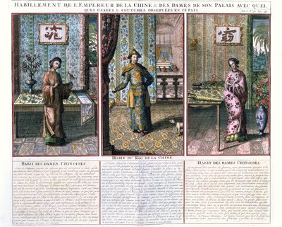 El Emperador de China y dos nobles, ilustración de una reimpresión de China Monumentis por Athanasius Kircher (1601-80) de French School