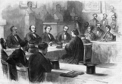 La inglesa Elizabeth Garrett Anderson (1836-1917) presentó su tesis ante el jurado de la Facultad de Medicina de París en 1870. Se convirtió en la primera doctora. Grabado por Godefroy Durand en “The Illustrous World” n°689 del 25 de junio. de French School
