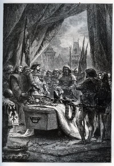 El gobernador inglés de Chateauneuf de Randon se rindió y vino a depositar las llaves de la plaza en el ataúd de Bertrand du Guesclin (1320-1380), el 13 de julio de 1380 frente a quien la ciudad estaba sitiando. de French School