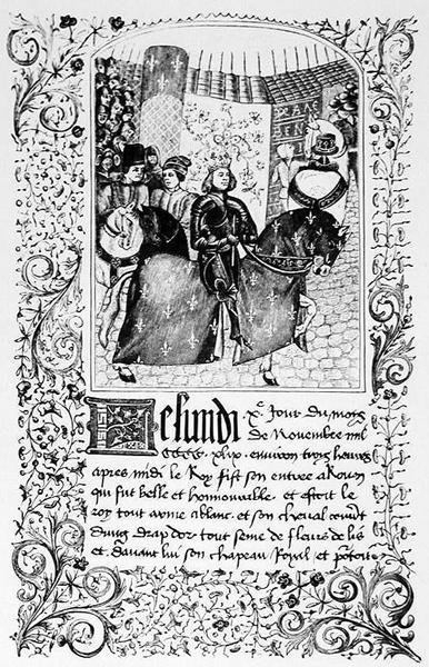 La entrada de Carlos VII (1403-61) en Rouen en 1450, de un manuscrito que contiene el relato de la Guerra de los Cien Años, ilustración de Ciencia y Literatura en la Edad Media y el Renacimiento, escrita y grabada por Paul Lacroix de French School