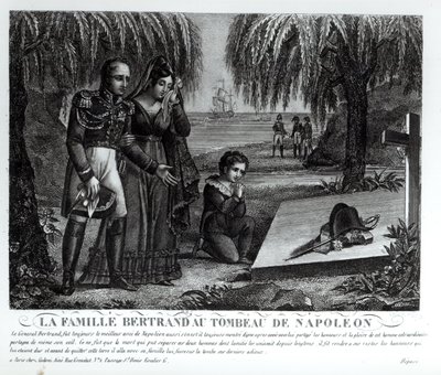 La familia del General Henri-Gratien Bertrand (1773-1844) en la tumba de Napoleón Bonaparte (1769-1821) 1821 (litografía) (foto en blanco y negro) de French School